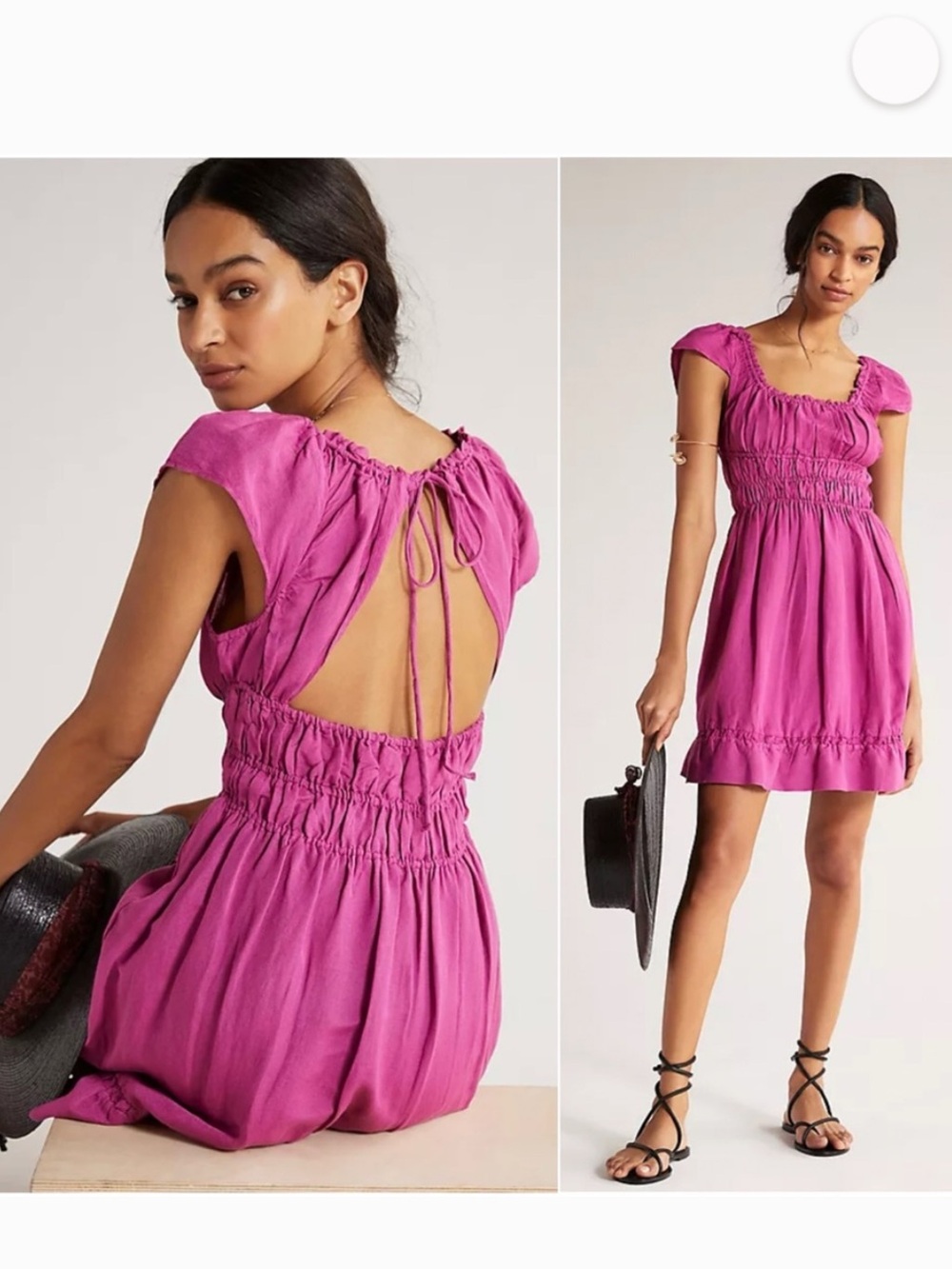Anthropologie Magenta Linen Smocked Waist Open back with tie Dress, size XS